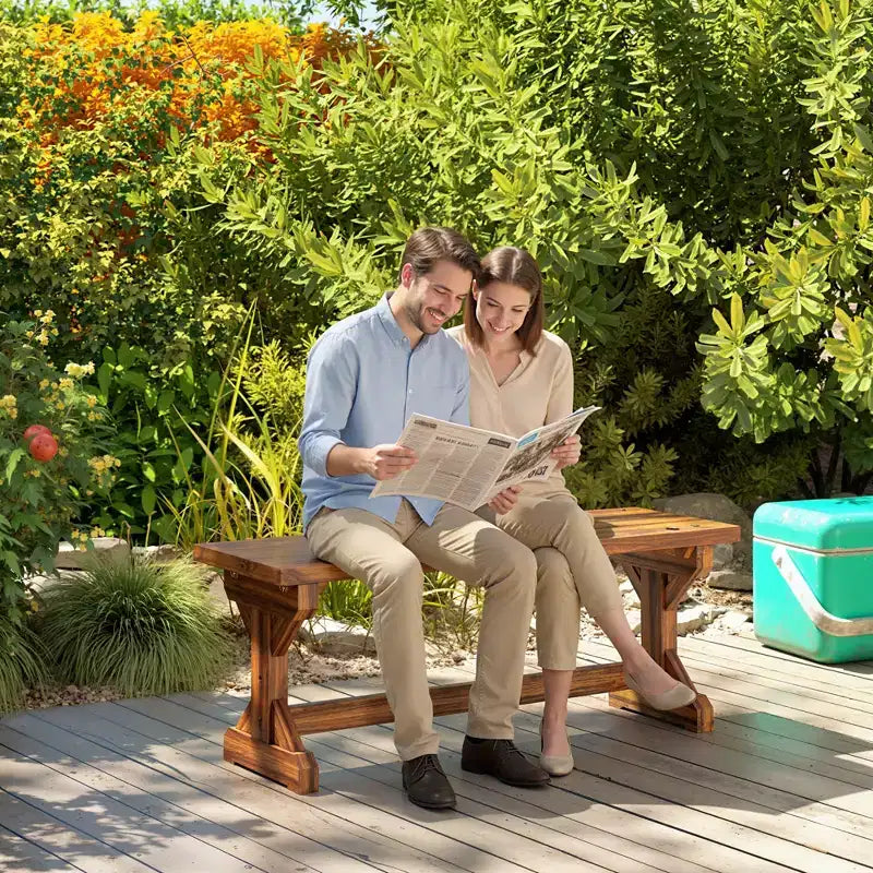 Banc d'extérieur en bois Outsunny, banc de jardin rustique, banquette de patio sans dossier de style fermier avec base en X pour véranda, parc, pelouse, carbonisé