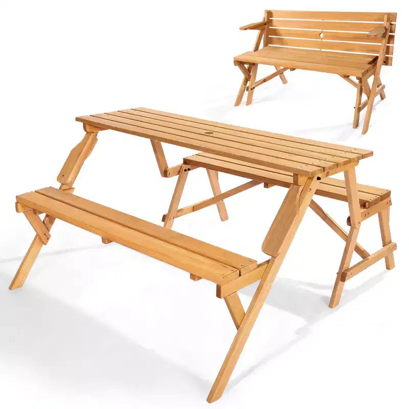 2-in-1 Transforming Picnic Table, Outdoor Wooden Table and Bench Set with Umbrella Hole, Foldable Patio Dining Furniture for Garden, Backyard, Porch