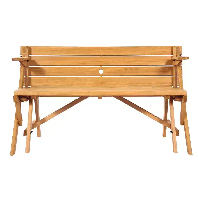 Table de pique-nique transformable 2-en-1, ensemble table et bancs d'extérieur en bois avec trou pour parasol, mobilier de salle à manger pliable pour jardin, terrasse, porche
