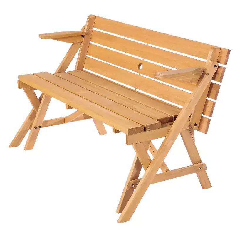 Table de pique-nique transformable 2-en-1, ensemble table et bancs d'extérieur en bois avec trou pour parasol, mobilier de salle à manger pliable pour jardin, terrasse, porche