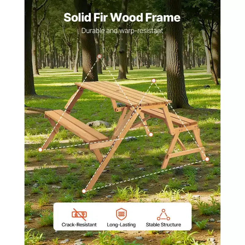 Table de pique-nique transformable 2-en-1, ensemble table et bancs d'extérieur en bois avec trou pour parasol, mobilier de salle à manger pliable pour jardin, terrasse, porche