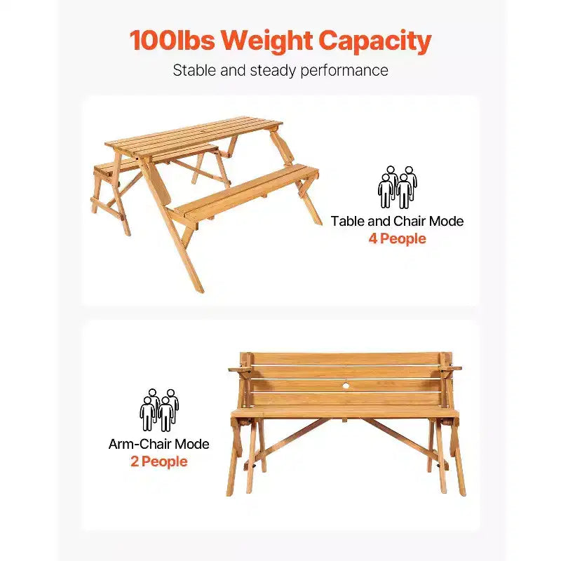 Table de pique-nique transformable 2-en-1, ensemble table et bancs d'extérieur en bois avec trou pour parasol, mobilier de salle à manger pliable pour jardin, terrasse, porche