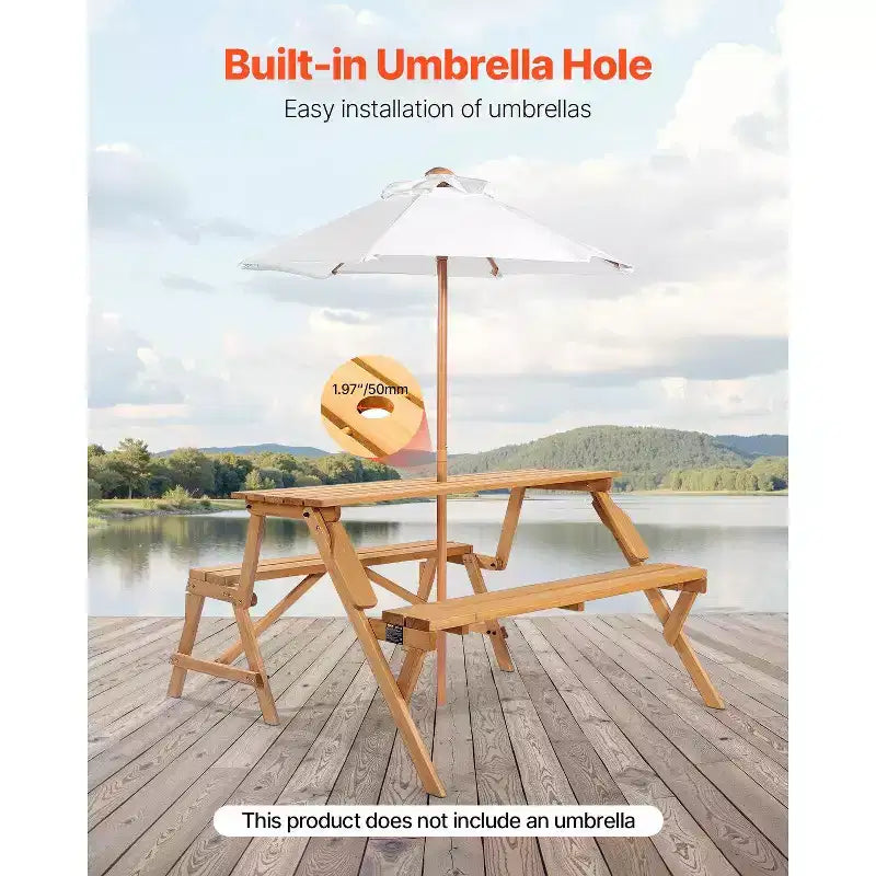 Table de pique-nique transformable 2-en-1, ensemble table et bancs d'extérieur en bois avec trou pour parasol, mobilier de salle à manger pliable pour jardin, terrasse, porche