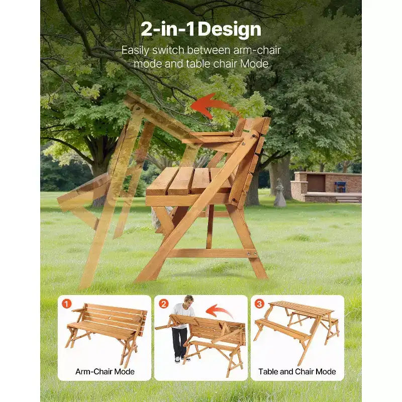 Table de pique-nique transformable 2-en-1, ensemble table et bancs d'extérieur en bois avec trou pour parasol, mobilier de salle à manger pliable pour jardin, terrasse, porche