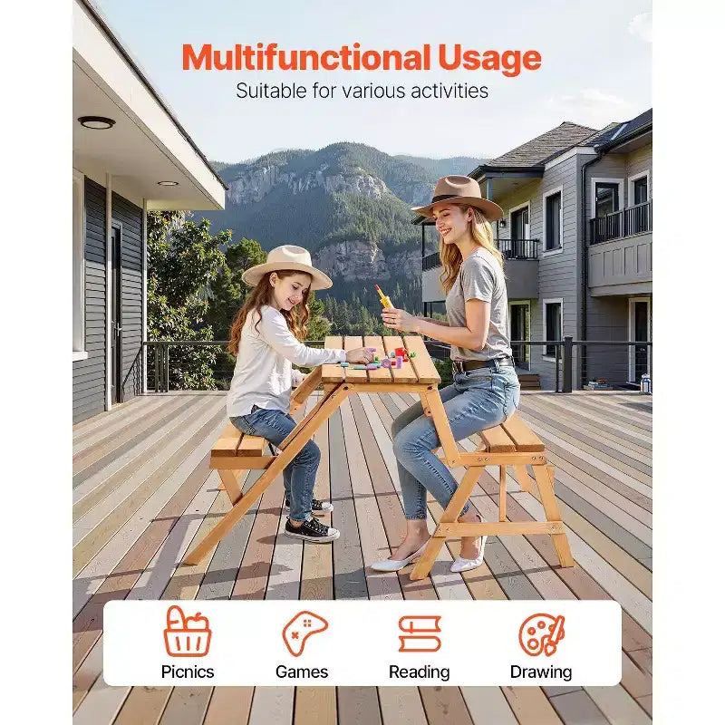 Table de pique-nique transformable 2-en-1, ensemble table et bancs d'extérieur en bois avec trou pour parasol, mobilier de salle à manger pliable pour jardin, terrasse, porche