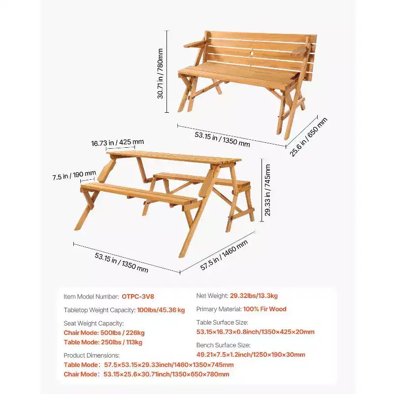 Table de pique-nique transformable 2-en-1, ensemble table et bancs d'extérieur en bois avec trou pour parasol, mobilier de salle à manger pliable pour jardin, terrasse, porche