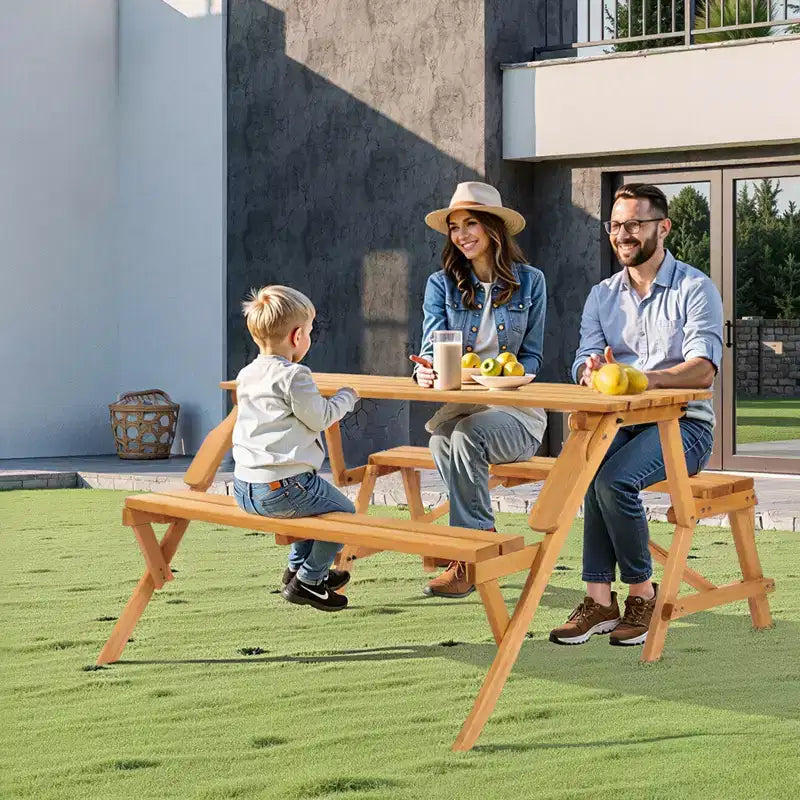 Table de pique-nique transformable 2-en-1, ensemble table et bancs d'extérieur en bois avec trou pour parasol, mobilier de salle à manger pliable pour jardin, terrasse, porche