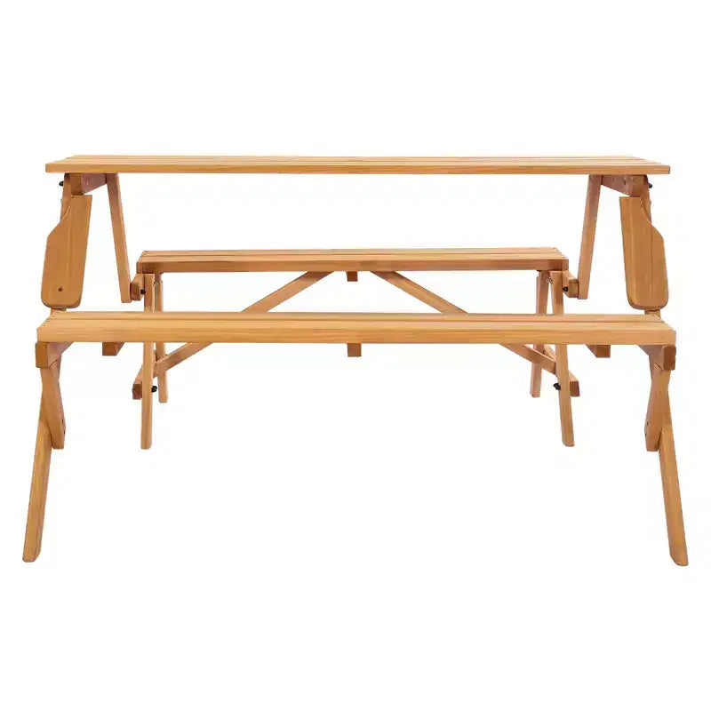 Table de pique-nique transformable 2-en-1, ensemble table et bancs d'extérieur en bois avec trou pour parasol, mobilier de salle à manger pliable pour jardin, terrasse, porche