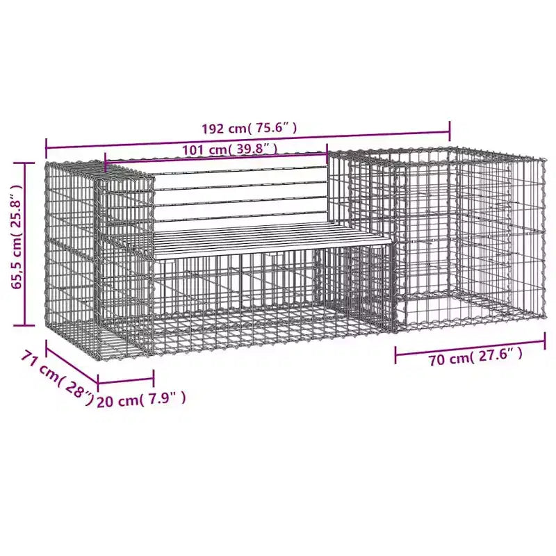 Banc de jardin extérieur rustique avec panier gabion