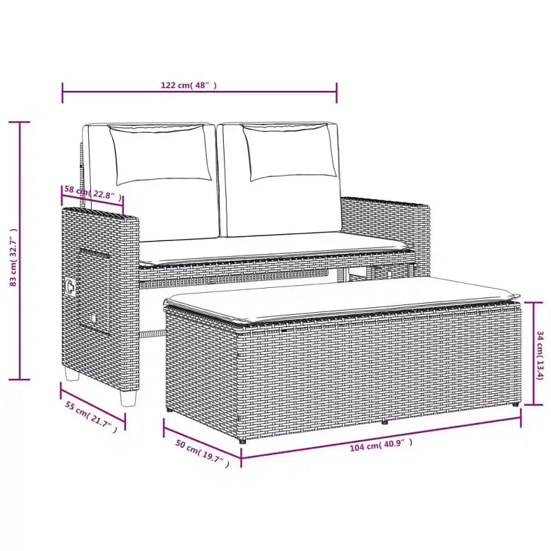 Banc de jardin inclinable vidaXL avec coussins, pour l'extérieur, le jardin, le balcon, en résine tressée
