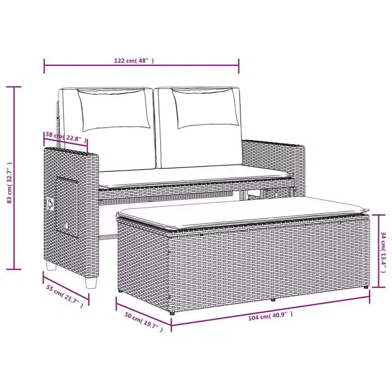 Banc de jardin inclinable vidaXL avec coussins, pour l'extérieur, le jardin, le balcon, en résine tressée