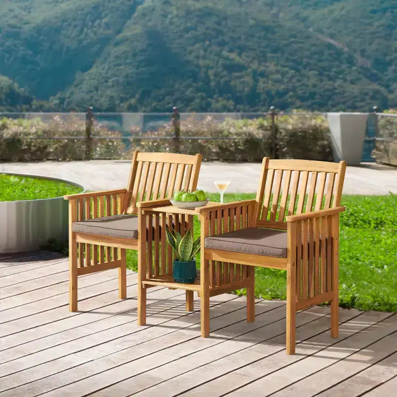 Banc double extérieur en bois d'acacia Bristol, table intégrée, résistant aux intempéries, finition naturelle, pour porche, 60 po L x 23 po P x 35 po H, assise : 19 po L x