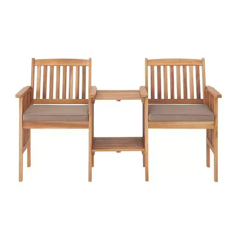Banc double extérieur en bois d'acacia Bristol, table intégrée, résistant aux intempéries, finition naturelle, pour porche, 60 po L x 23 po P x 35 po H, assise : 19 po L x