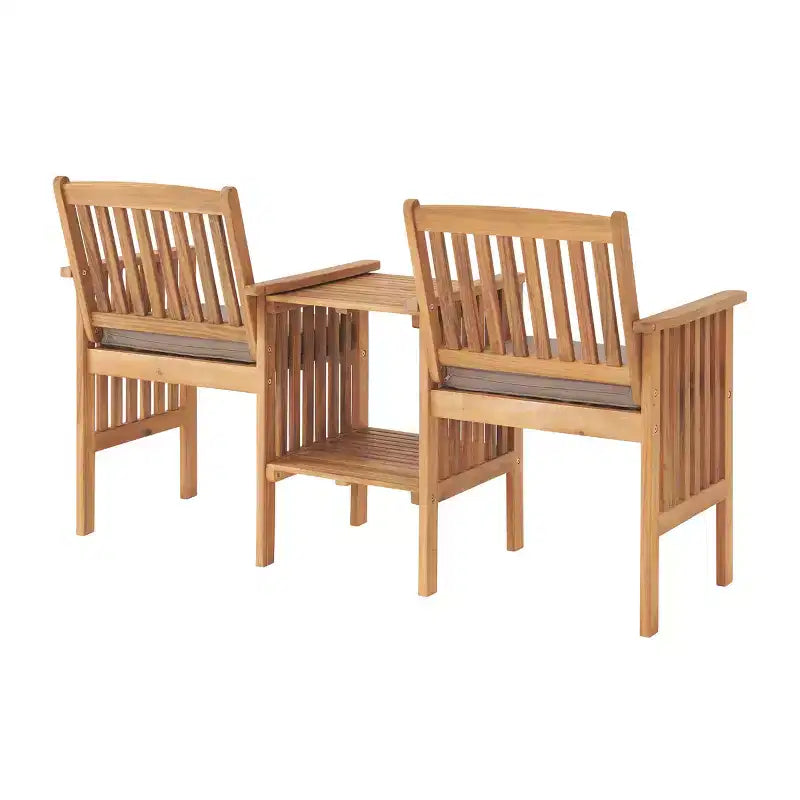 Banc double extérieur en bois d'acacia Bristol, table intégrée, résistant aux intempéries, finition naturelle, pour porche, 60 po L x 23 po P x 35 po H, assise : 19 po L x