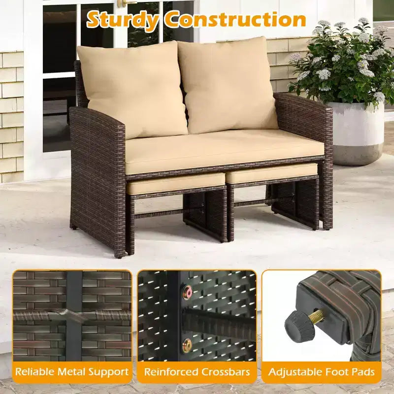 Costway Fauteuil Loveseat d'extérieur avec Ottomans, Ensemble de Meubles de Patio en Rotin PE 3 Pièces avec Coussins