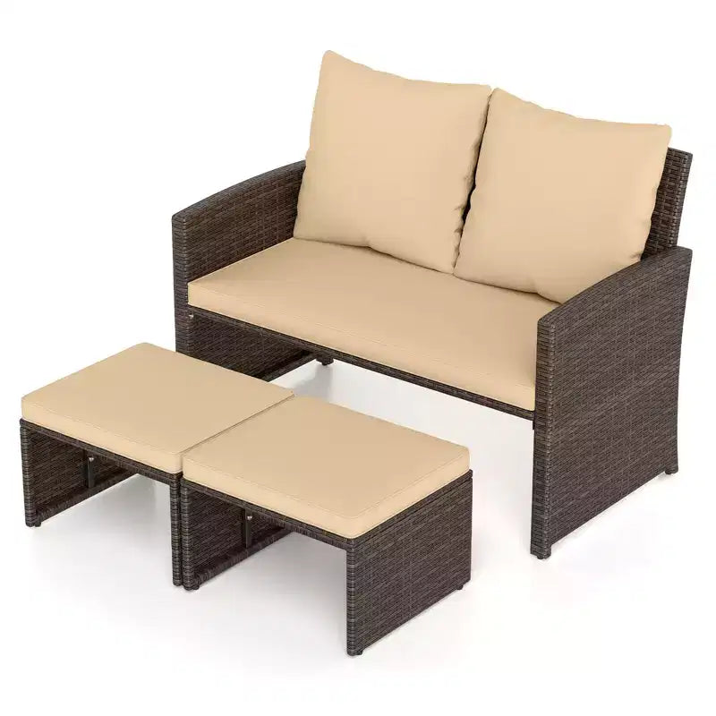 Costway Fauteuil Loveseat d'extérieur avec Ottomans, Ensemble de Meubles de Patio en Rotin PE 3 Pièces avec Coussins