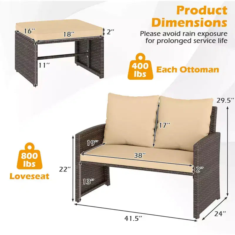 Costway Fauteuil Loveseat d'extérieur avec Ottomans, Ensemble de Meubles de Patio en Rotin PE 3 Pièces avec Coussins