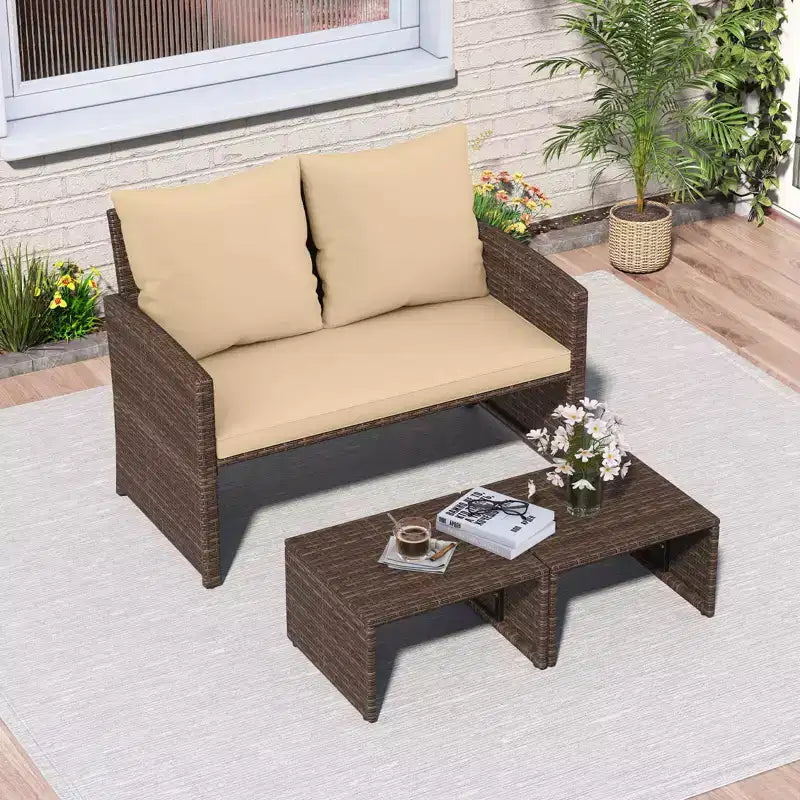 Costway Fauteuil Loveseat d'extérieur avec Ottomans, Ensemble de Meubles de Patio en Rotin PE 3 Pièces avec Coussins