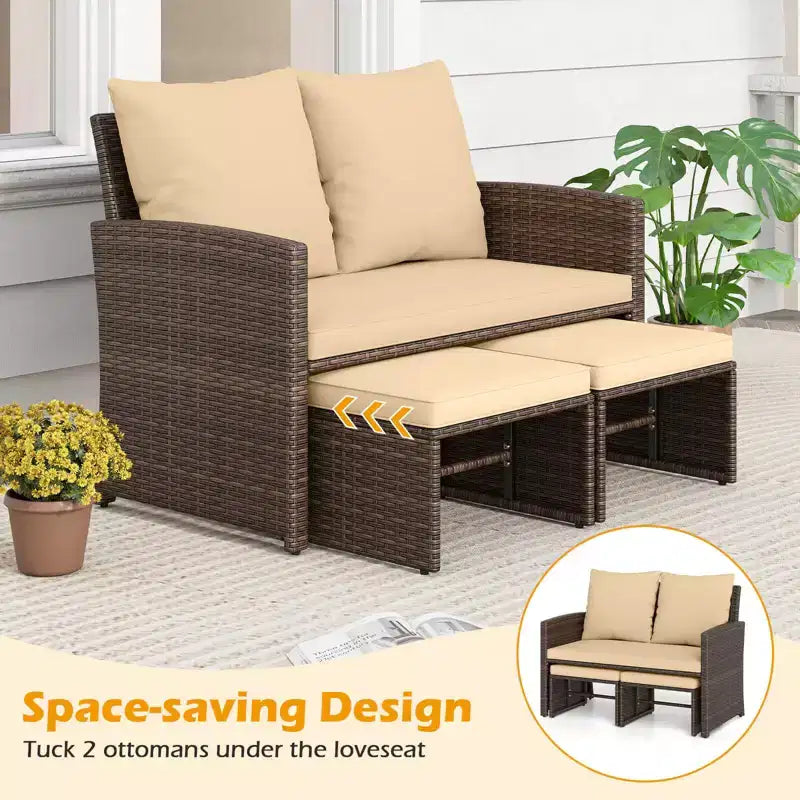 Costway Fauteuil Loveseat d'extérieur avec Ottomans, Ensemble de Meubles de Patio en Rotin PE 3 Pièces avec Coussins