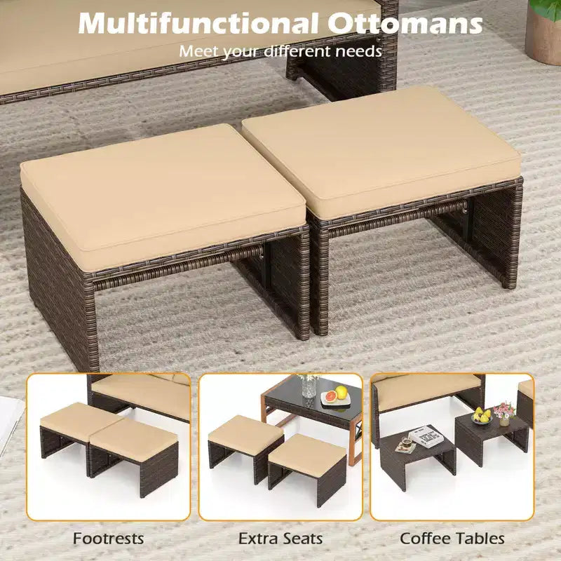 Costway Fauteuil Loveseat d'extérieur avec Ottomans, Ensemble de Meubles de Patio en Rotin PE 3 Pièces avec Coussins