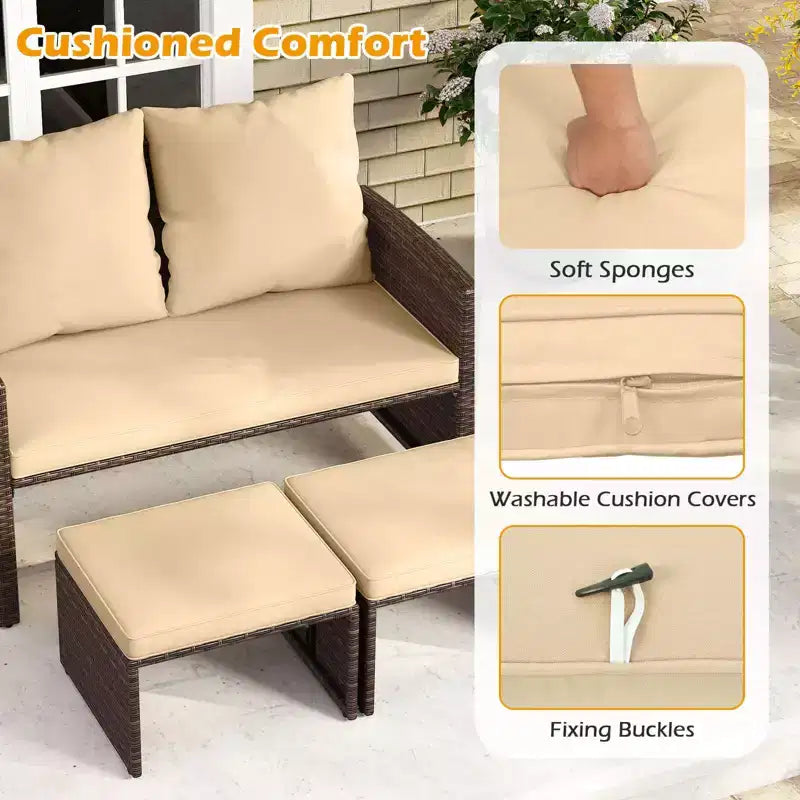 Costway Fauteuil Loveseat d'extérieur avec Ottomans, Ensemble de Meubles de Patio en Rotin PE 3 Pièces avec Coussins