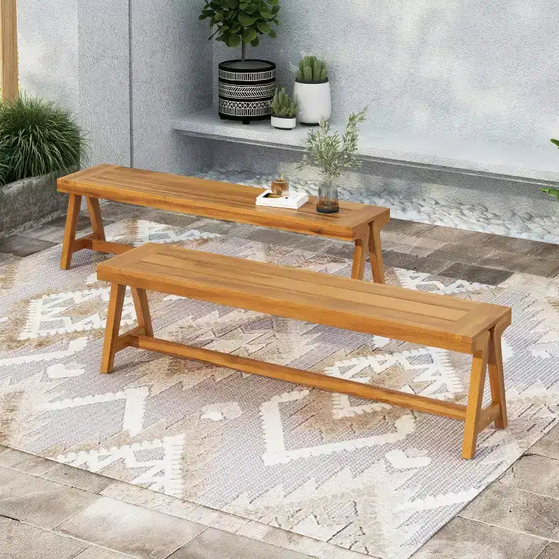 Lot de 2 bancs de salle à manger d'extérieur, bancs de patio en bois d'acacia, banc de jardin toutes saisons pour la piscine et les repas en plein air - Panipeachy