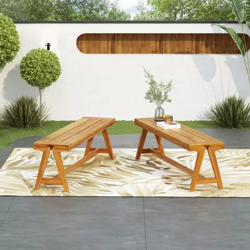 Lot de 2 bancs de salle à manger d'extérieur, bancs de patio en bois d'acacia, banc de jardin toutes saisons pour la piscine et les repas en plein air - Panipeachy