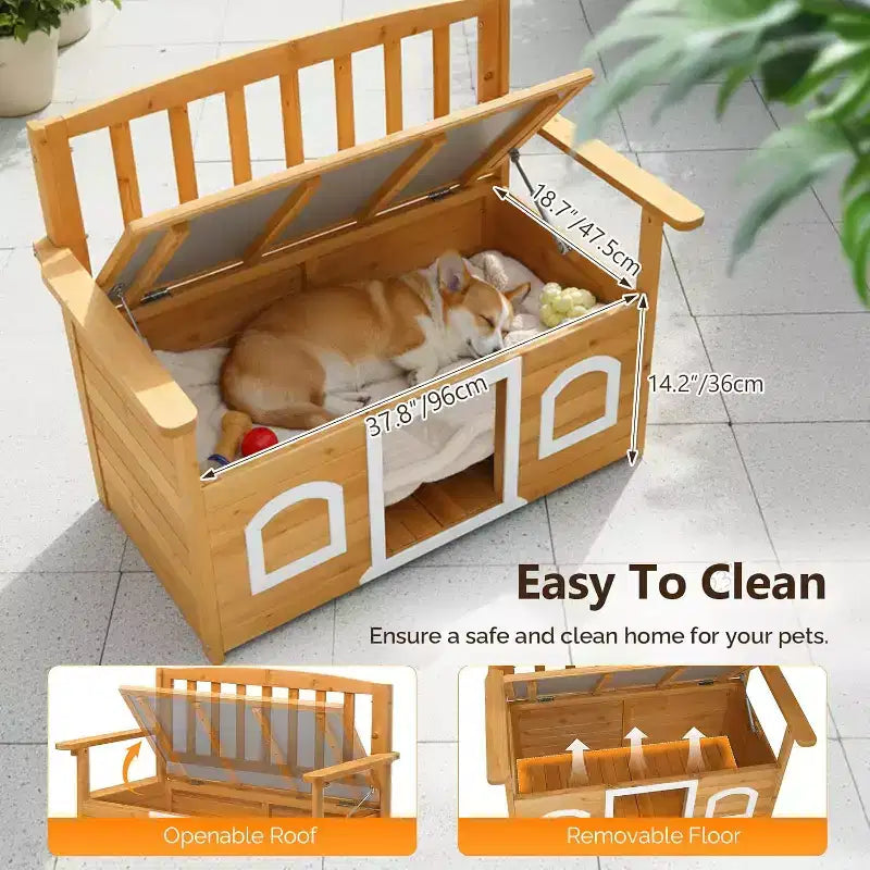 Banc de rangement extérieur VINGLI avec niche intégrée, banc de terrasse extérieur 2-en-1 étanche avec chenil pour animaux de compagnie