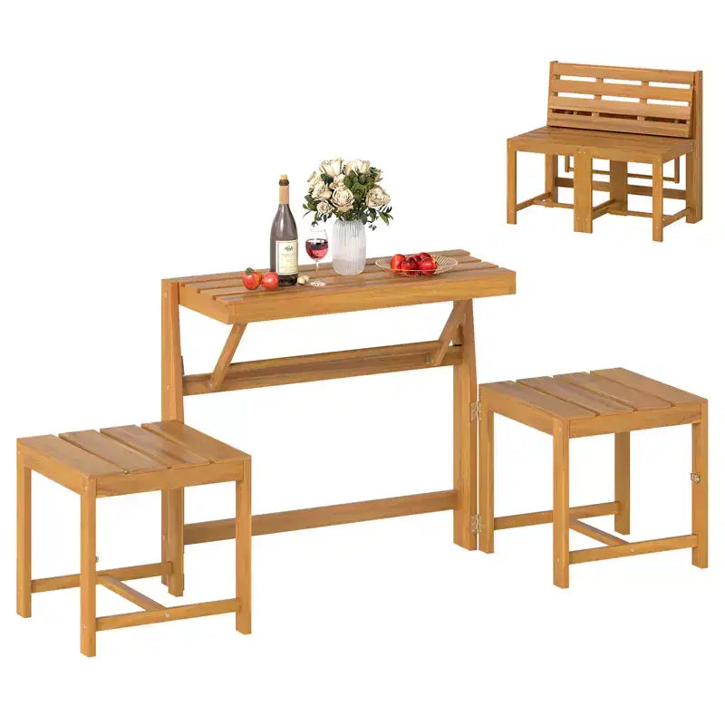 Costway 3-in-1 Outdoor Acacia Wood Loveseat Bench Furnitur w/ Slatted Seat for Garden