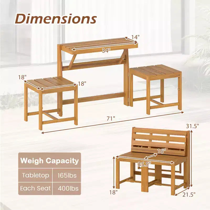 Banc de jardin Costway 3-en-1 en bois d'acacia avec assise à lattes