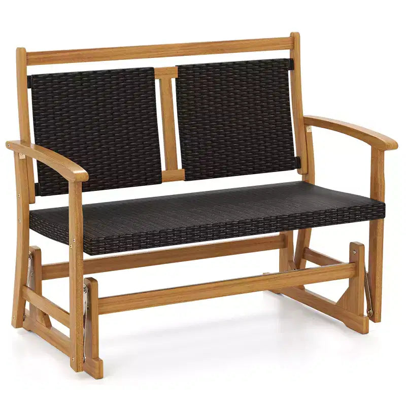 Costway Patio Rattan Glider Bench Swing Gliding Rocker for 2 w/ Acacia Wood Frame