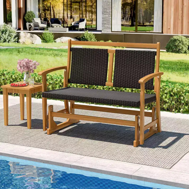 Banc/balancelle de jardin Costway en rotin pour 2 personnes avec cadre en bois d'acacia