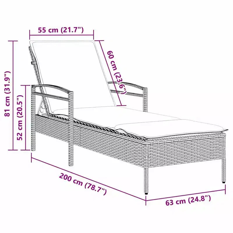 vidaXL Chaise longue 1 place marron 63 x 200 x 81 cm Résine tressée