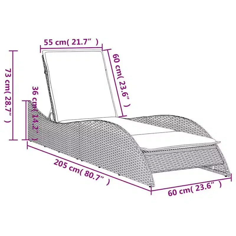 vidaXL Bain de soleil avec coussin 60x205x73 cm Résine tressée