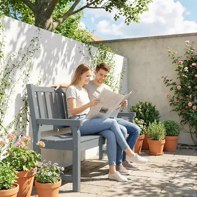 Banc d'extérieur Outsunny, banc de jardin 124 cm en PEHD toutes saisons, banc de patio 2 places avec capacité de 240 kg, siège incurvé pour jardin