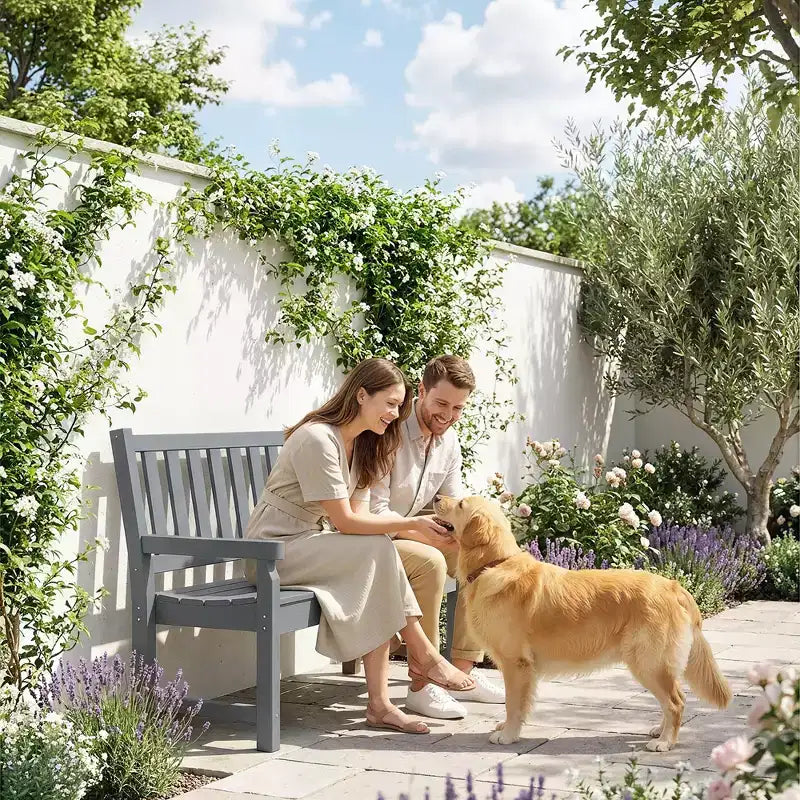 Banc d'extérieur Outsunny, banc de jardin 124 cm en PEHD toutes saisons, banc de patio 2 places avec capacité de 240 kg, siège incurvé pour jardin