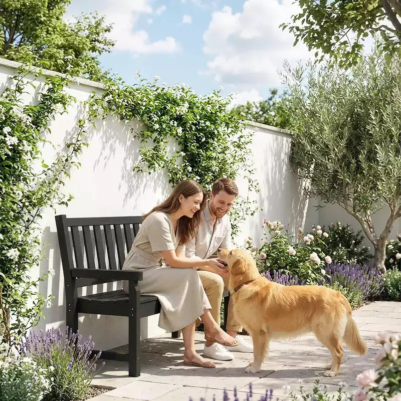 Banc d'extérieur Outsunny, banc de jardin 124 cm en PEHD toutes saisons, banc de patio 2 places avec capacité de 240 kg, siège incurvé pour jardin