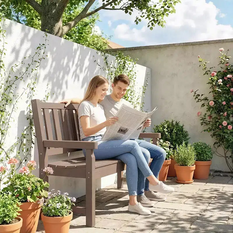 Banc d'extérieur Outsunny, banc de jardin 124 cm en PEHD toutes saisons, banc de patio 2 places avec capacité de 240 kg, siège incurvé pour jardin
