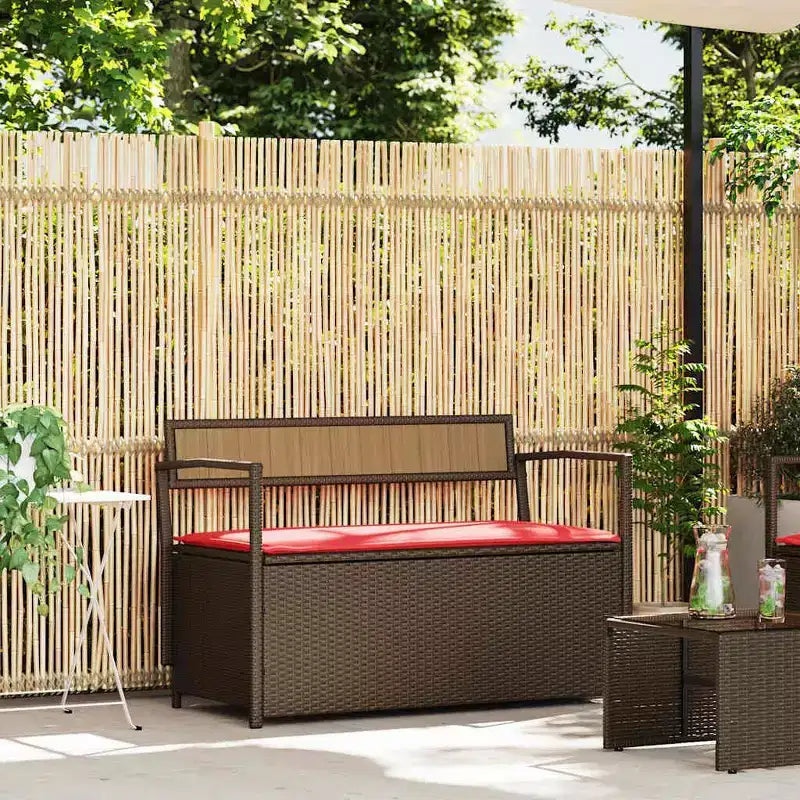 vidaXL Banc de rangement de jardin avec coussin en résine tressée marron