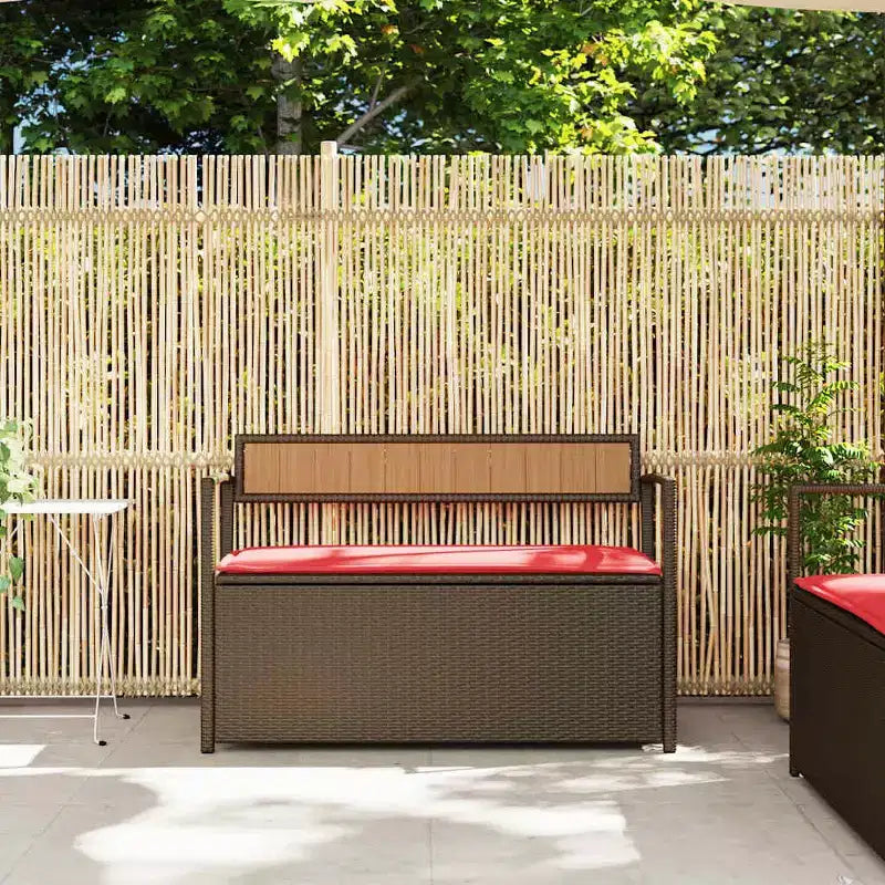 vidaXL Banc de rangement de jardin avec coussin en résine tressée marron
