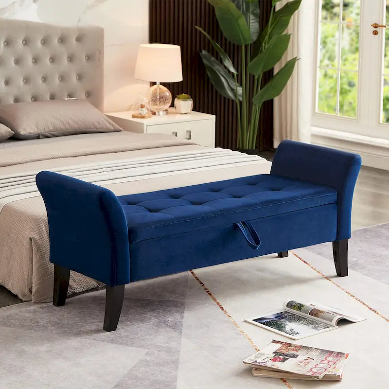 Banc de rangement de lit avec accoudoirs incurvés et pieds en bois massif