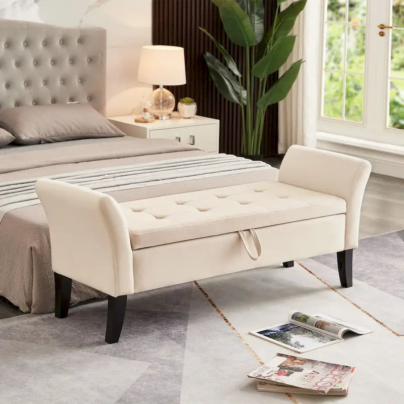 Banc de rangement de lit avec accoudoirs incurvés et pieds en bois massif