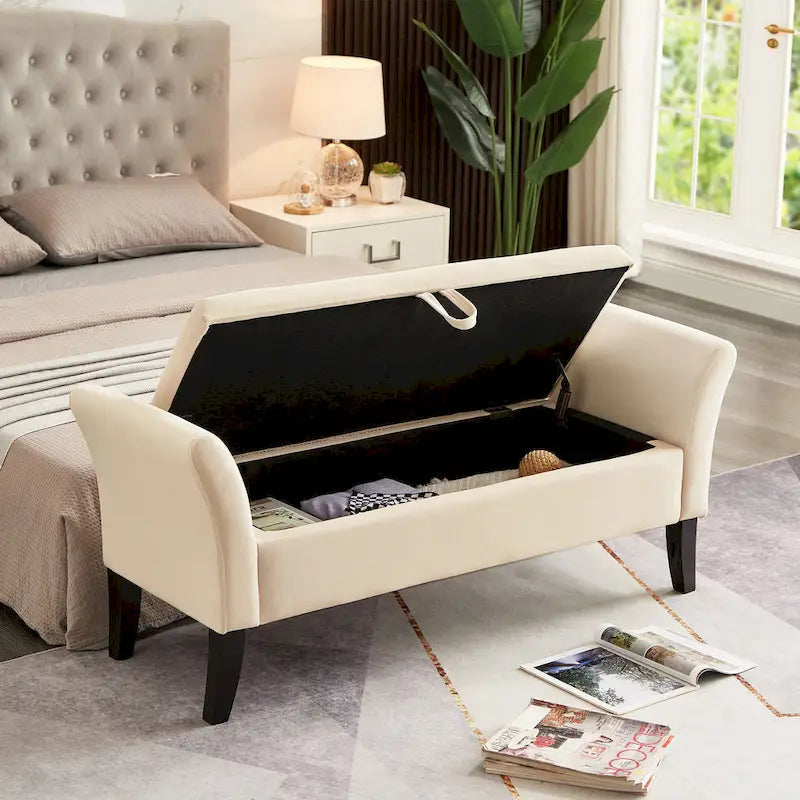 Banc de rangement de lit avec accoudoirs incurvés et pieds en bois massif