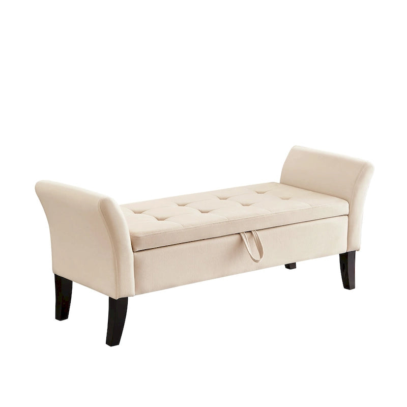 Banc de rangement de lit avec accoudoirs incurvés et pieds en bois massif