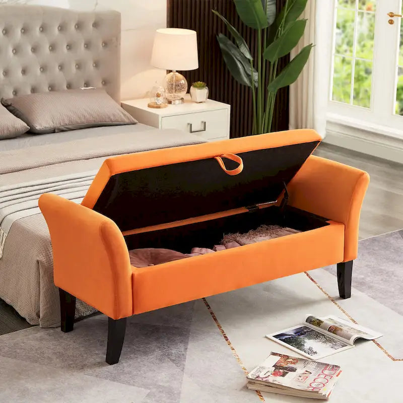Banc de rangement de lit avec accoudoirs incurvés et pieds en bois massif