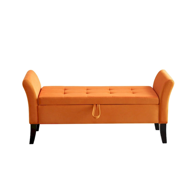 Banc de rangement de lit avec accoudoirs incurvés et pieds en bois massif