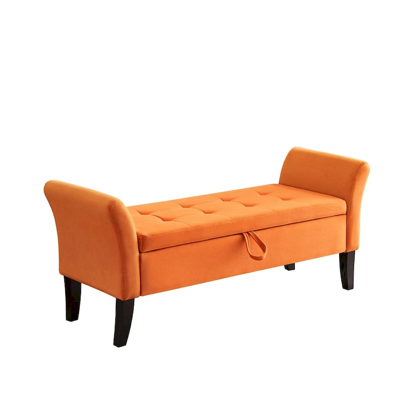 Banc de rangement de lit avec accoudoirs incurvés et pieds en bois massif