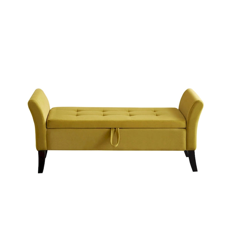 Banc de rangement de lit avec accoudoirs incurvés et pieds en bois massif