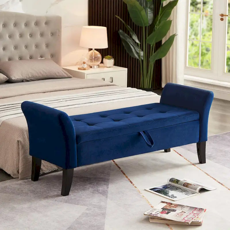 Banc de rangement de lit avec accoudoirs incurvés et pieds en bois massif