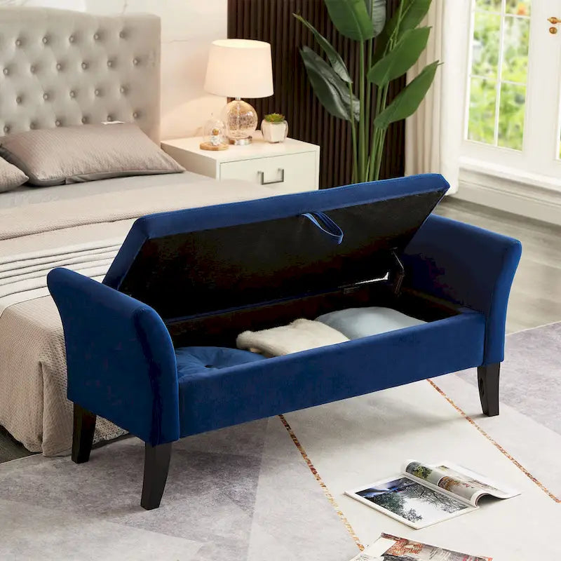 Banc de rangement de lit avec accoudoirs incurvés et pieds en bois massif